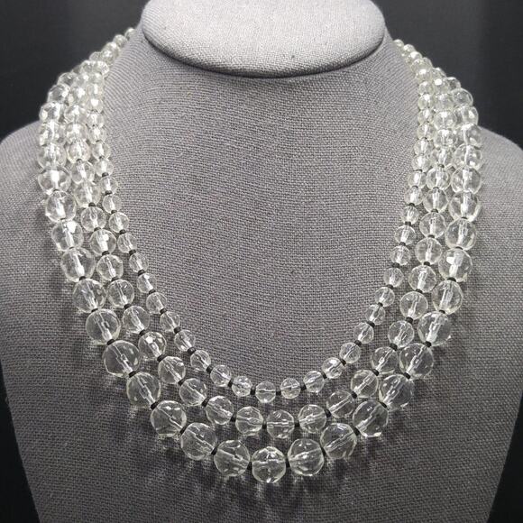 Vintage Express Clear Glass 3 Strand Necklace, Black Seed Bead Accents, 19 Inch - Picture 3 of 6